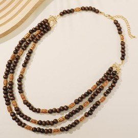 Coiris Layer Chunky Wood Beaded Necklace Exaggerated Statement Bead Collar Necklace Bib Necklaces, Small, Wood, No Gemstone