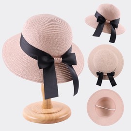 Zsedrut Women Sun Straw Hat Summer Beach Cap Foldable Sun Visor Wide Brim with Strap,Big Bowknot,Adjustable Size (Pink,Women)