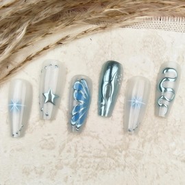 French Tip Press on Nails Coffin Fake Nails with Snake Star Rhinestones Sparkle Design Full Cover Reusable Artificial Acrylic False Nails Cute Nail Tips Everyday Nail Art Gifts for Women 24 Pcs