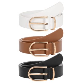 JASGOOD 3 Pack Women Leather Belts for Jeans Pants Fashion Ladies Belt with Gold Buckle,C-Black+Brown+White,Fit Waist Size 25"-31"