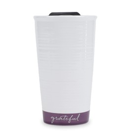Lighthouse Christian Products Grateful Textured Dipped 12 ounce Ceramic Stoneware Travel Tumbler Mug, Dark Purple