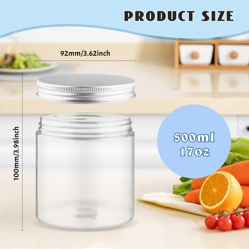 BOSMIOW 8Pcs 500ml/17oz Round Clear Plastic Jars with Aluminium Lids,Empty