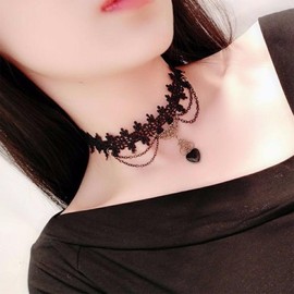 Allereya Vintage Hollow Lace Choker Necklace Black Onyx Heart Pendant Necklace Gothic Lace Necklace 90s Victorian Tattoo Necklace Jewelry for Women and Girls