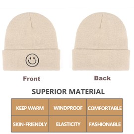 AJG Beanie Hats for Men,Unisex Smile Face Embroidered Acrylic Soft Warm Winter Cuffed Knit Hats for Women (1-Khaki)