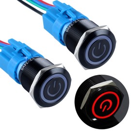 2Pcs 22mm Metal Latching Push Button Switch 12V-24V ON/Off 1NO 1NC Waterproof IP66 Black Shell with Wire Socket for 7/8’’ Mounting Hole Power Symbol Light (Red LED)