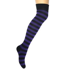 Crazy Chick New Ladies Girls Stripe Stripy Striped Over The Knee Thigh High Long Socks Assorted Colours UK Size 4-6 (Black & Purple)
