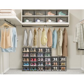 SIMPDIY Shoe Storage, 12 Pack Shoe Organizer for Closet, Shoe Boxes Clear Plastic Stackable Shoe Containers with Lids for Size 10, Black