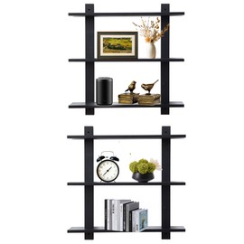 3 Tier Floating Shelves,Long Wall Shelf,Over The Toilet Shelves Bathroom Hanging Display Storage Rustic for Living Room Bedroom Kitchen Office Coffee Bar Decor Decorative,24 Inch,2 Pack,(Black)