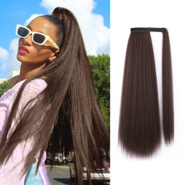 WIGNEE Kinky Straight Ponytail Wrap Around Long Ponytail Extension Natural Black Yaki Ponytail Extension for Black Women Pony Tails Hair Extensions (Dark Brown, 30 Inches)