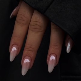 Chrome Press on Nails Medium Almond Fake Nails Press ons with Designs Ombre Pink False Nails Glossy Full Cover Acrylic Glue on Nails Artificial Stick on Nails for Women Manicure 24Pcs