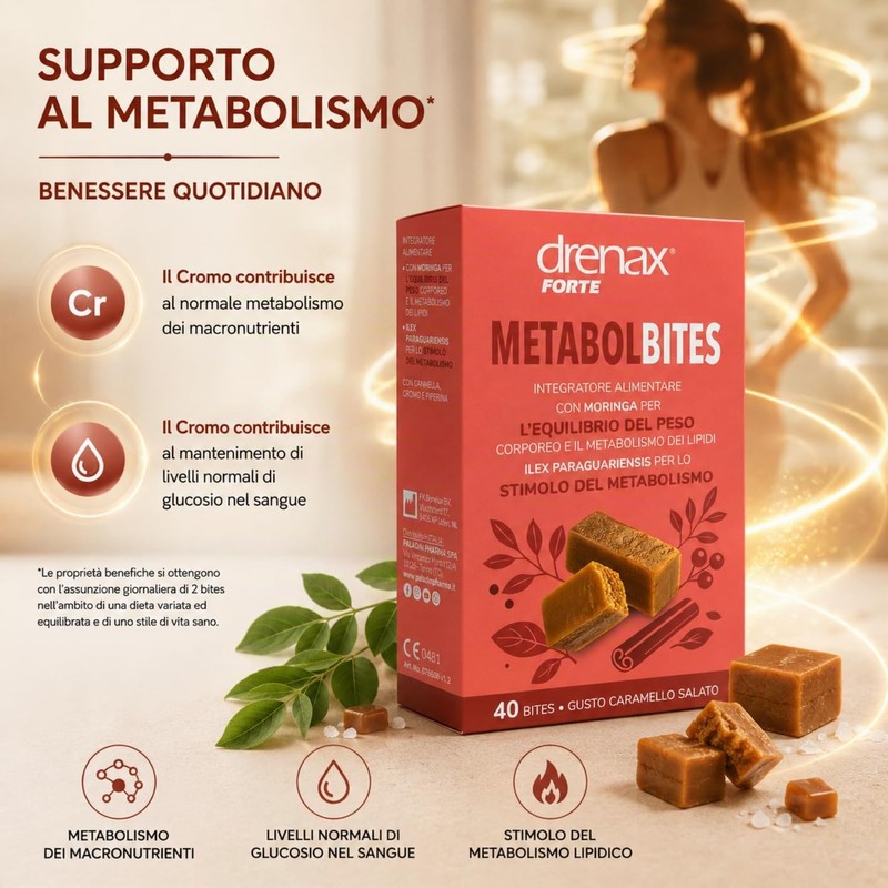 Drenax Forte MetabolBites Integratore Alimentare con Moringa, Maté, Cannella, Cromo