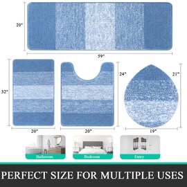 Bsmathom Bathroom Rugs Sets 4 Piece with Toilet Lid Cover, Non Slip Washable Bath Mats for Bathroom, Soft Absorbent Bathroom Mats with U-Shaped Toilet Rug, Blue
