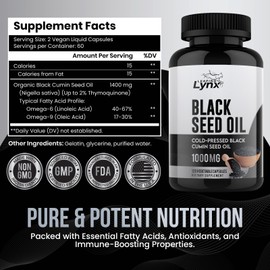 Leaping Lynx Black Seed Oil Capsules 1000mg - Cold-Pressed Nigella Sativa with Maximum Thymoquinone (Up to 2%), 120 Capsules (60 Servings) - Rich in Omega-6 & Omega-9, Non-GMO Supplement for Immune & Brain Support