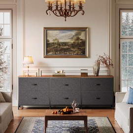 Huuger 6 Drawer Dresser for Bedroom, 63 Inch TV Stand for 55, 65, 70 Inch TV, Long Dresser for Closet with Fabric Drawers, Storage Organizer for Kids Bedroom, Rustic Brown and Black