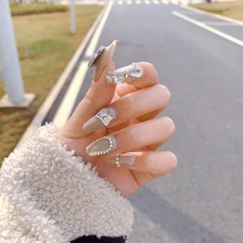 Glue-On Nails, Handmade Press On Nails, Long Gel Nails, Luxury Reusable Khaki Artificial Nails with Butterflies and Rhinestones for Girls and Women, Everyday and Party Use, Set of 10