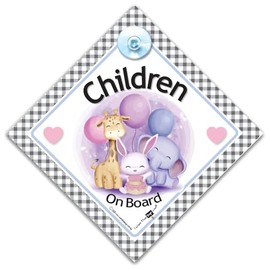 Children On Board Sign Cute Animals, Baby On Board Sign, Grandchild On Board, Suction Cup Car Window Sign Designed to Let Other Road Users a Child is in The Car, 14 cm x 14cm