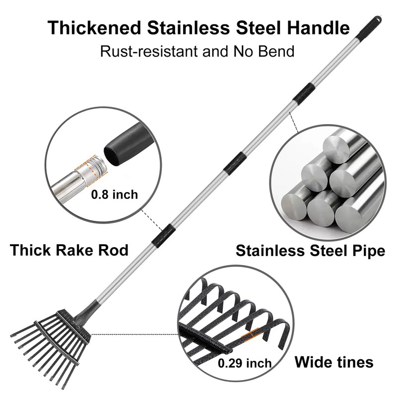 Small Leaf Rake with 11 Metal Tines, 33-68 Inch Rake