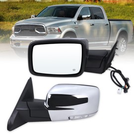 Lqito Left Driver Side Mirror Compatible With 2013-2018 Ram 1500 2500 3500 With Power Folding Power Glass Heated Temperature Sensors Turn Signal Puddle Lights Chrome Replace#68096197AF(10+2Pins)