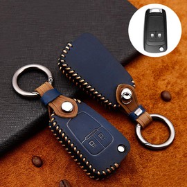 ontto Cowhide Leather Flip Car Key Case Cover for Vauxhall Astra Insignia Mokka Zafira Corsa D Karl Viva Key Case with Key Fob Key Protection Case Remote Control 2 Buttons Blue