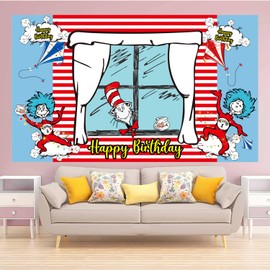 Happy Birthday Backdrop Banner 70.8X43.3 inches, Red and Blue Stripes Cartoon Window Kite Photography Background for Cat in The Hat Birthday Decoration
