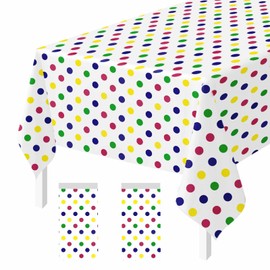 FALIZIFU 2 Pack Rainbow Polka Dot Tablecloth Disposable 54 × 108 Inch White and Colorful Dot Plastic Table Cover Rectangle Tablecloth for Party Baby Shower Birthday Table Cloth Disposable