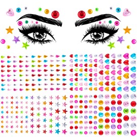 OIIKI 4 Sheets Colorful Star Gems Stickers, Heart Drop Round Acrylic Gems, Eye Rhinestones Makeup Stickers, Women Makeup Jewels for Face, Rave Accessories for Parties, Festival, Daily Use