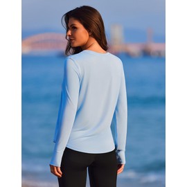 PINSPARK Moisture Wicking Shirts for Women Long Sleeve Workout Tops Soft Quick Dry Lightweight Rash Guard T-Shirts Running Golf Tennis,Light Blue XX-Large