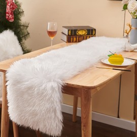 Christmas Table Runner, Modern Small Fur White Thanksgiving Home Dining Table Decor for Wedding Party Fall Holiday Birthday,Decoration Rug Bed Runner for Table,11.8x47.2 inch