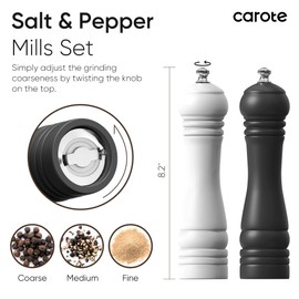 CAROTE Wooden Salt and Pepper Grinder Set, Refillable Sea Salt & Pepper Mills Adjust for Customized Coarseness, Spice grinders with Wood and Stainless Steel, Black & White, 8.2 Inch