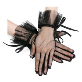 Long Keeper Women Lace Gloves - Ladies Elegant Tulle Wedding Gloves Opera Tea Party Bow Gloves Short Bridal Gloves (Black)
