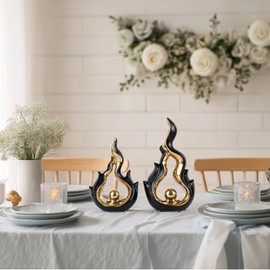 Ceramic Flame Decorative Statue Set of 2, Black and Gold Home Decor, Abstract Art Sculpture for Office, Living Room, Coffee Table, TV Cabinet, Bookshelf Partition Decoration and Ornament.