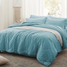 Anluoer King Comforter Set, Light Blue Tufted Bed in a Bag 7 Pieces with comforters and Sheets, All Season Bedding Sets with 1 Comforter, 2 PillowShams, 2 Pillowcases, 1 Flat Sheet, 1 Fitted Sheet