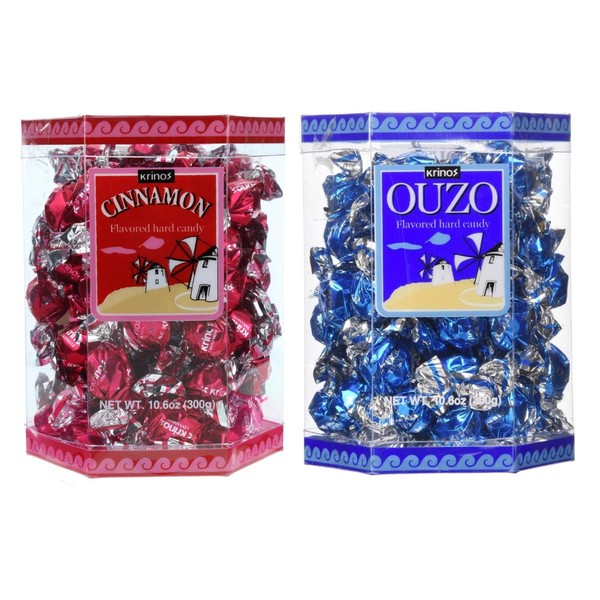 Krinos Ouzo Candy - Greek Favorite – Cinnamon and Licorice Flavored Treats - Delicious Hard Candy - All Natural Flavors - No Alcohol and No Gluten - Perfect for Parties, Party Favors, or Gifts (2pk)
