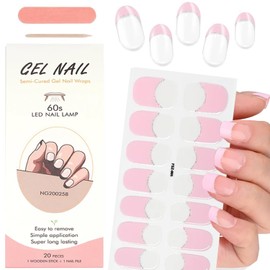 Semi Cured Gel Nail Strips Stickers French Tips Nails Strips Stickers Full Wrap Gel Nail Polish Strips Manicure Nail Tip Designs UV Gel Nail Stickers for Women Girls Nail Art (Pink French Tips) 16Pcs
