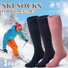 Eocom Unisex Merino Wool Ski Socks Thermal Warm Winter Thick Knee High Long Snowboarding Boot Socks for Women Men 3 Pairs(Pink/Navy/Purple, Medium)