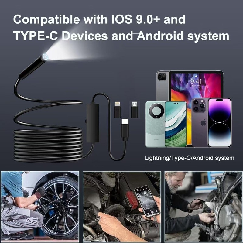 Endoscope Camera with Light, 5M semi-Rigid Cable Endoscope with Snake-Style,