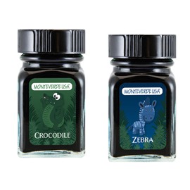 Monteverde 60ml Ink, Crocodile (Green), Zebra (Blue) Jungle Ink (G309CR, G309ZE) Fountain Pen Ink (30ml Each Ink Bottle, 2 Pack)