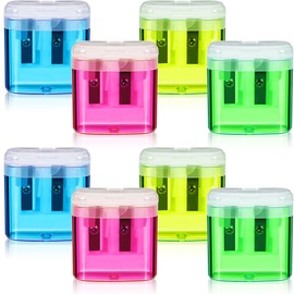Tenare 8 Pieces Pencil Sharpeners Manual Double Hole Pencil Sharpener with Lid Hand for Home School Office, Handheld Plastic Crayon Sharpener, Pink, Yellow, Green, Blue
