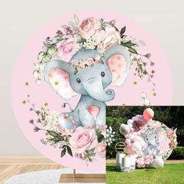 OERJU 6x6ft Elephant Baby Shower Round Backdrop Watercolor Pink Floral Photography Background Circle Backdrop Cover Girls Birthday Newborn Gender Reveal Party Decoration Banner Photo Booth Props