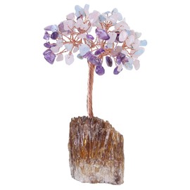 SUNYIK Handmade Crystal Money Tree Set on Amber Calcite Base, Tree of Life Wrapped Tumble Stones Decoration for Home Office, Amethyst/Rose Quartz/Aquamarine