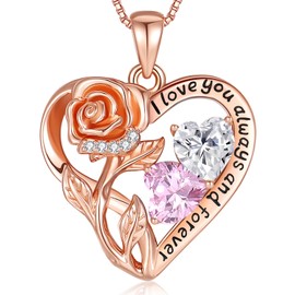 925 Sterling Silver Double Birthstone Rose Flower Heart Jewelry Necklaces for Women Anniversary Love Necklace for Her Birthday Gifts for Wife Girlfriend Mom Mothers Day Rose Gold 04 10