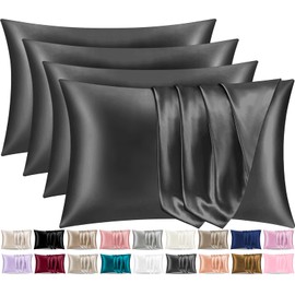 Pamposh Satin Silk Pillowcases For Hair And Skin 4 Pack Standard Size with Envelope Closure (4 Pcs Pillowcases (50 x 75 cm), Charcoal)