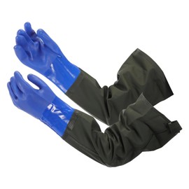 sourcing map Long Waterproof Gloves 28 Inch Tie-up Rubber Chemical Resistant Gloves with Fabric Lined Pond Glove Acid Oil Resistant Glove for Machinery Industry, Blue-Black