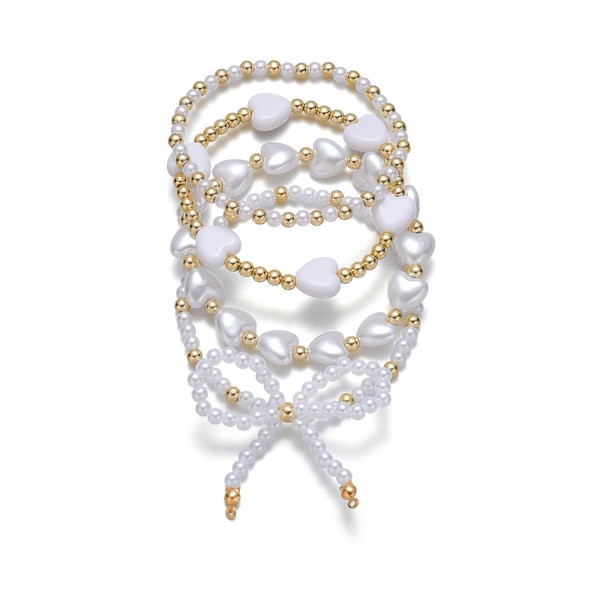 Bow Gold Beaded Bracelets Layered Pearl Stretch Bracelets Set for