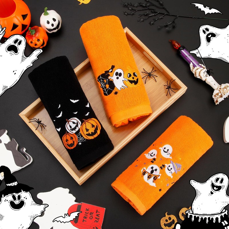 Quera 3 Pack Halloween Hand Towels Ghost Pumpkin Embroidered Premium