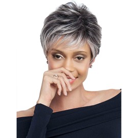 Short Curly Gray Wigs for Women Pixie Cut Wig Synthetic Black Gradient Silver Layered Wigs for Women (Grey 2)