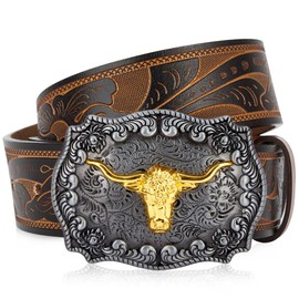 BISON DENIM Mens Western Leather Cowboy Belt - Longhorn Cow Pattern Buckle with Floral Longhorn Bull Texas Buckle Belts