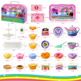 44PCS Tea Party Set for Little Girls, Pretend Play Toys Ballerinas Princess Tin Tea Set – Teapot Desserts & Carrying Case, Invitations Place Cards Birthday Gifts Toy for Girls Kids 3 4 5 6 7 Years Old