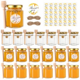 BIGIVACA 3 oz Hexagon Mini Glass Honey Jars with Wood Dippers,20 Pack Small Honey Jars with Gold Lids,Bee Pendants,Jutes,35 Bee Stickers,Perfect for Baby Shower,Wedding Favors,Party Favors