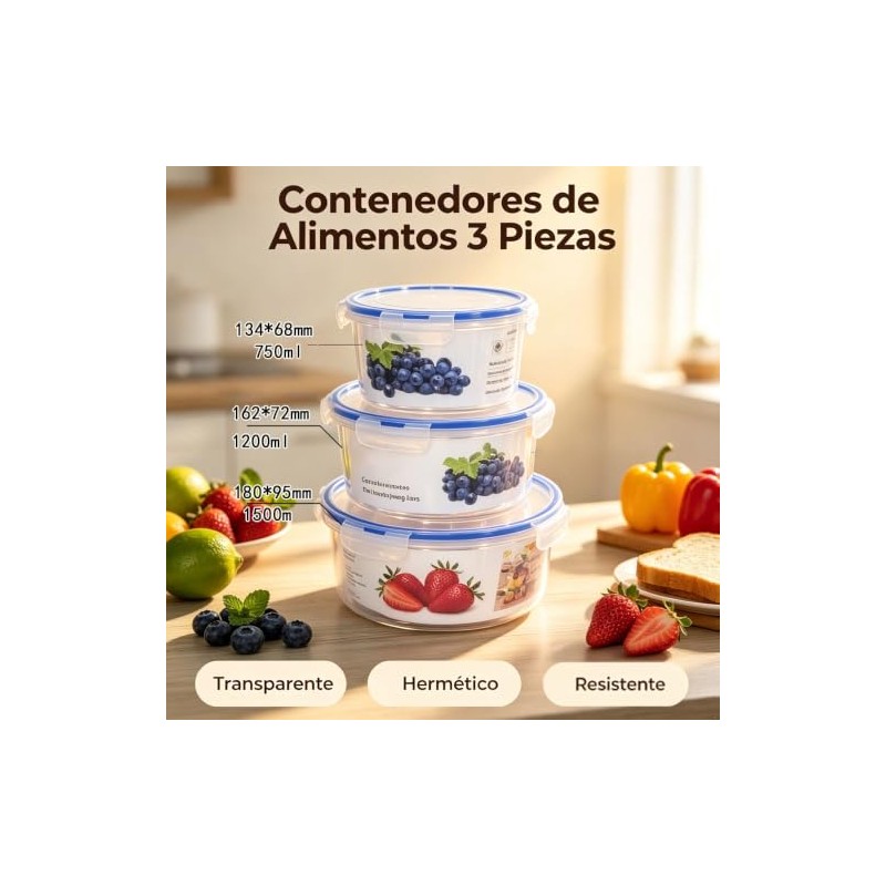 3Pk Contenedores para Alimentos, Con Tapas Sellado Antifugas